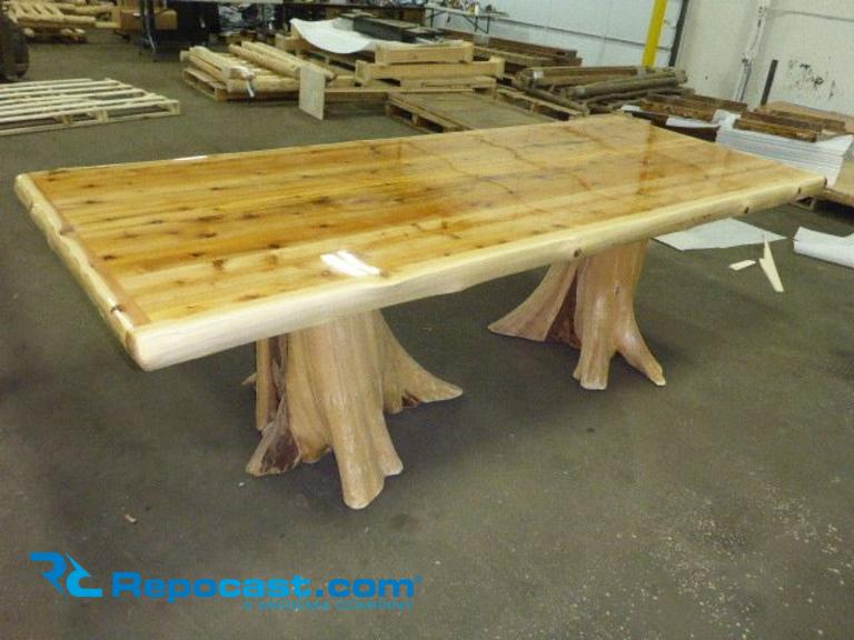 Cedar Lake Solid Wood Double Stump Dining Table, 108" L x 42" W, table top has liquid glass...