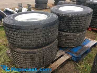 Lot of (4) Virgin Continental 445/50R22.5 super single drive tires on aluminum wheels, 0" offset,...