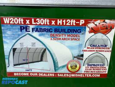 New Suihe 20'W x 30'L x 12'T shelter building, galvanized steel tube frame, 8'T x 16'W front and...