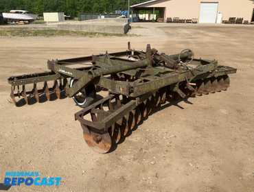 Oliver Disc, 13’ wide, has hydraulic cylinder, 14” tires (both are flat), approx. 16” diameter...