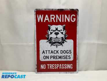 New Warning metal sign with pre-drilled holes for hanging. Measures 11.75" x 7.75".