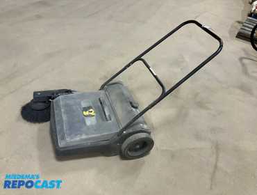 Dayton push sweeper Model: 5Z042. Aprox. 27” wide, main brush works but missing curb brush drive...