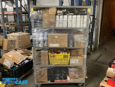 4-Tiered Rolling Cart with Items including Bug Remover Spray, CRC Chute Lube, Generic” Spray...