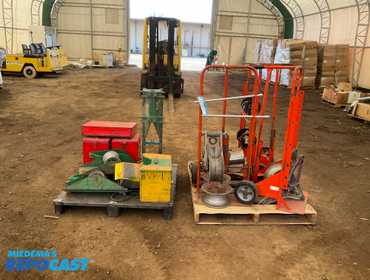Lot of (2) pallets of miscellaneous construction items including 3 wire racks, Greenlee cable...