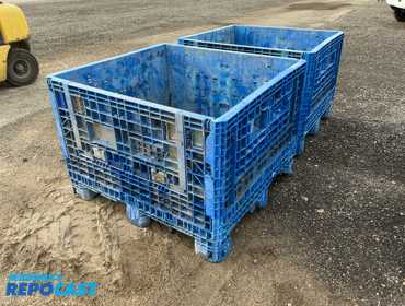 (2) Used Plastic Forkable Crates, collapsible, each has two side fold down doors, 48”x45”x34”...