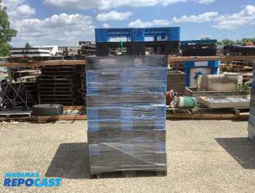 (12) plastic blue and black skids, all around 39”x47”x6.5”H