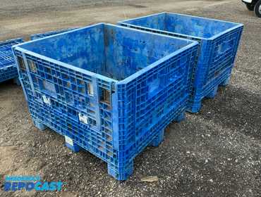 (2) Used Plastic Forkable Crates, collapsible, each has two side fold down doors, 48”x45”x34”...