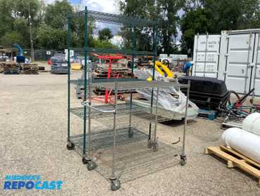Repocast.com® | Lot of (1) green wire rack on wheels,...