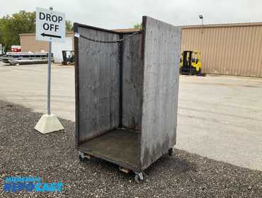 Metal frame rack with plywood on three sides 46”W x 46” x 81-3/4”T overall, fork pockets on front...