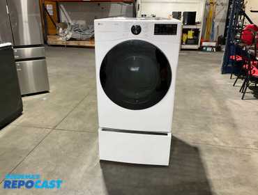 LG ThinQ DLGX4001W 7.4 cu. ft. Large Capacity Front Load Gas Dryer - White on a Drawer Pedestal