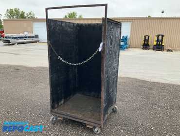 Metal frame rack with plywood on three sides 47-3/4”W x 45” x 94”T overall, fork pockets on the...