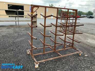 Two side cantilever rack on casters 72”L x 36” x 68-1/2”T overall, 14” long rack arms