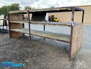 3 shelf rack with 2”x2” steel frame and plywood shelves, 14’ 2”L x 4’ x 5’ 8-3/4”T overall, has...