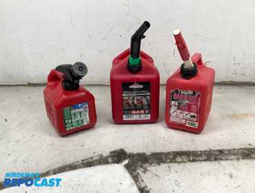 (3) New Red Plastic Gas Cans, one is 2 gallon, two are 1 gallon