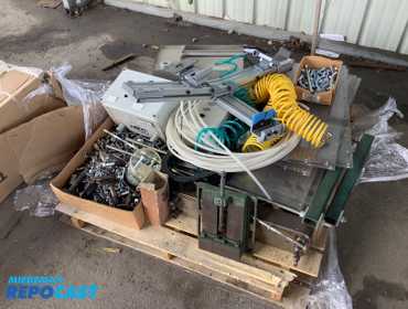 Industrial pallet lot, includes Hydraulic tank, various hardware, air hoses, aluminum split...