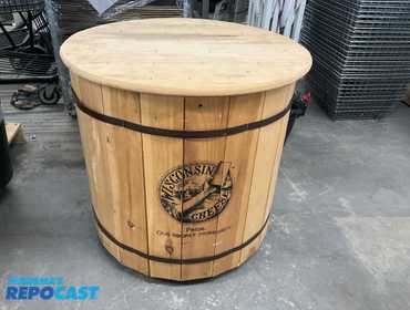 26” diameter x 26” tall wood Wisconsin Cheese” display stand. 