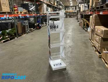 FRIS 4-shelf rack display unit includes: (2) brake caster, (2) casters, (1) header, and (1) rack...