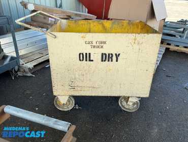 Yellow metal cart w/ Gas Fork Truck Oil Dry” painted on sides - approx, 36.25 x 24.25 x 34” tall