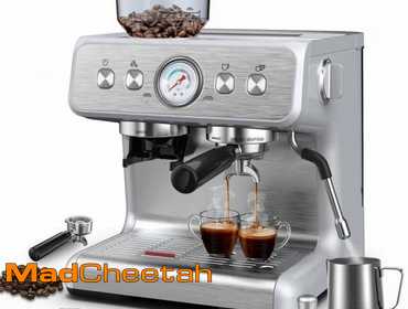 COWSAR 2- Cups Silver Drip Espresso Coffee Maker with Milk Frother Steam Wand and Coffee Grinder...